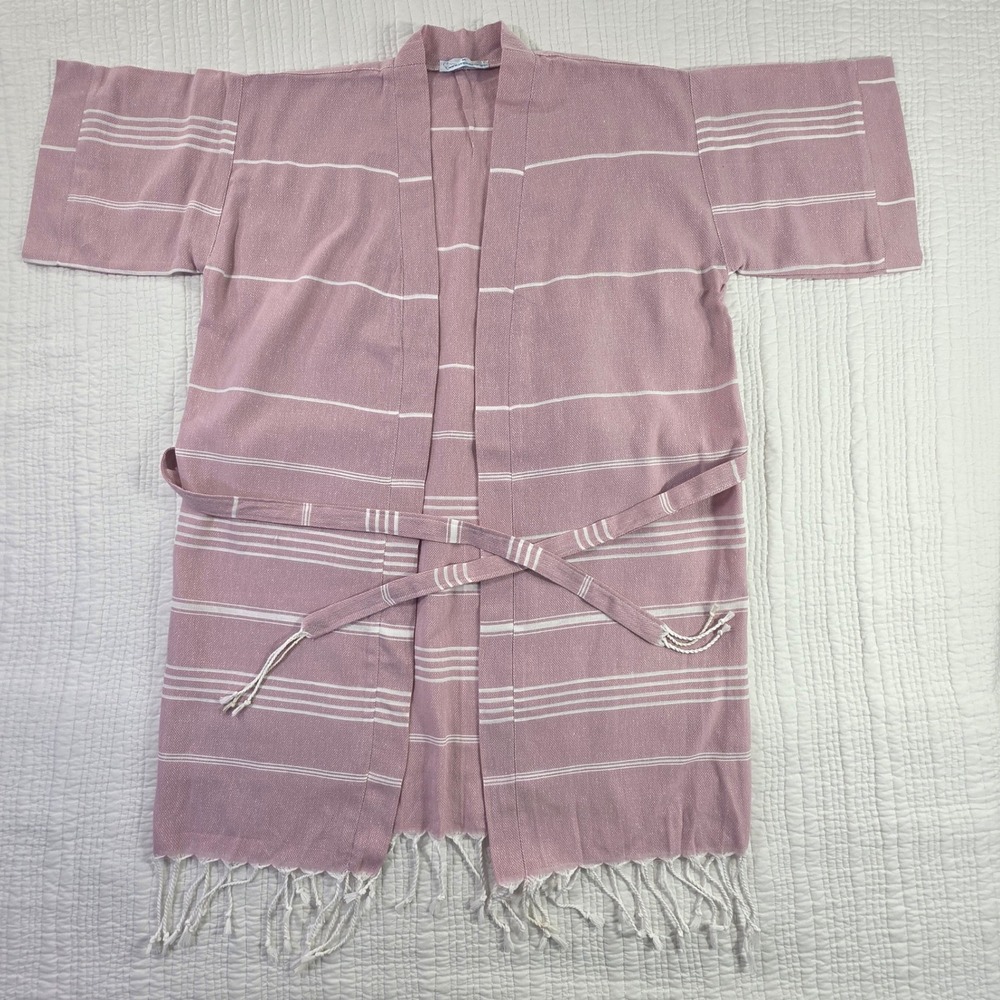 Striped Sheep Turkish Cotton Robe Women Medium Pink EUC Fringe Kimono Wrap